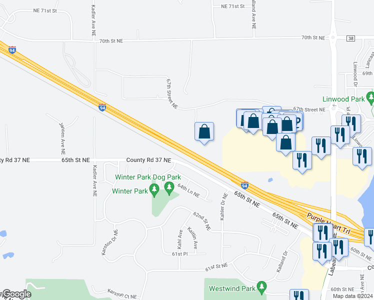 map of restaurants, bars, coffee shops, grocery stores, and more near Interstate 94 in Albertville