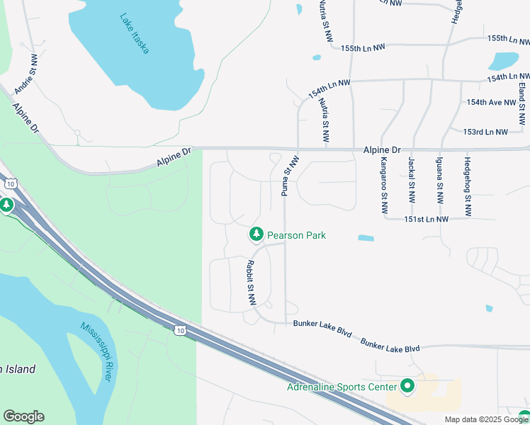 map of restaurants, bars, coffee shops, grocery stores, and more near 15084 Puma Street Northwest in Ramsey