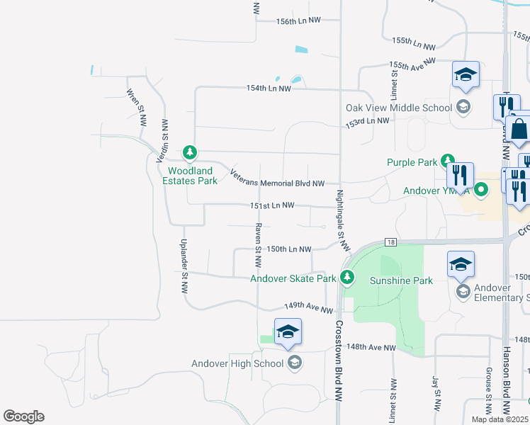map of restaurants, bars, coffee shops, grocery stores, and more near 2182 151st Lane Northwest in Andover
