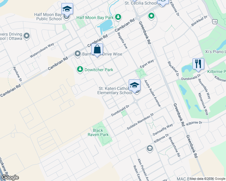 map of restaurants, bars, coffee shops, grocery stores, and more near Song Sparrow Street in Ottawa