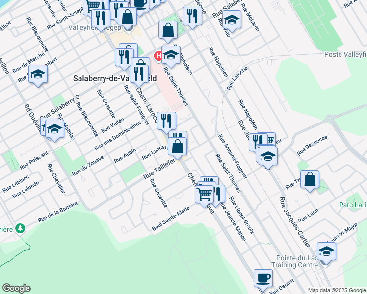 map of restaurants, bars, coffee shops, grocery stores, and more near 322 Rue Jeanne-Mance in Salaberry-de-Valleyfield
