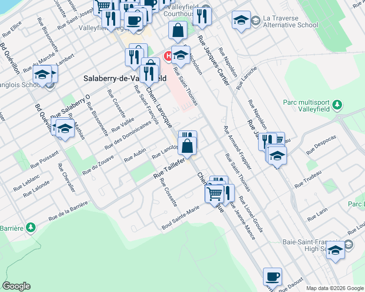 map of restaurants, bars, coffee shops, grocery stores, and more near 319 Chemin Larocque in Salaberry-de-Valleyfield
