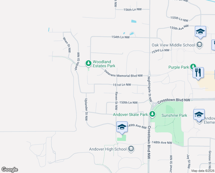 map of restaurants, bars, coffee shops, grocery stores, and more near 2250 151st Lane Northwest in Andover