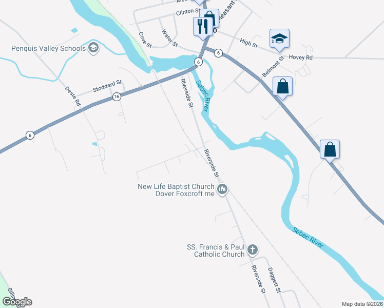 map of restaurants, bars, coffee shops, grocery stores, and more near 2 Gould Street in Milo