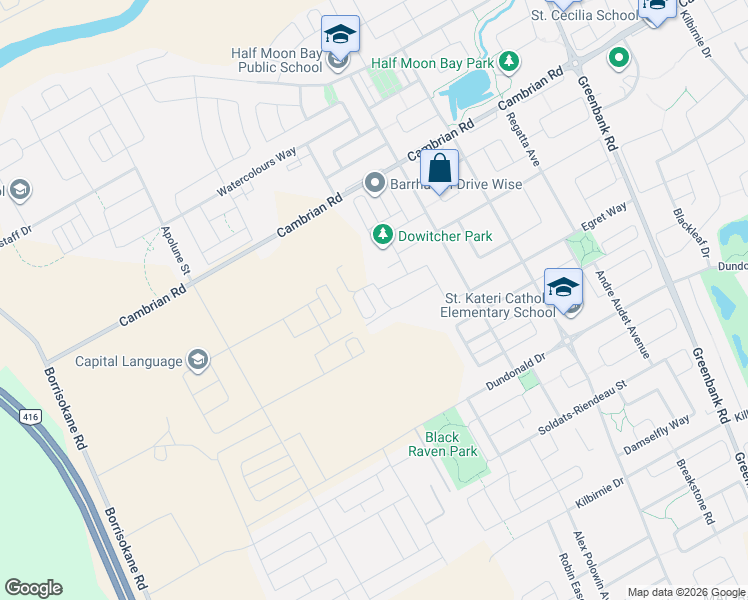 map of restaurants, bars, coffee shops, grocery stores, and more near 274 Pastel Way in Ottawa