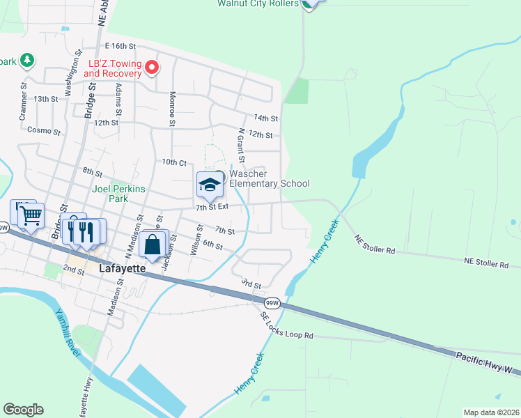 map of restaurants, bars, coffee shops, grocery stores, and more near 1115 7th Street Extension in Lafayette