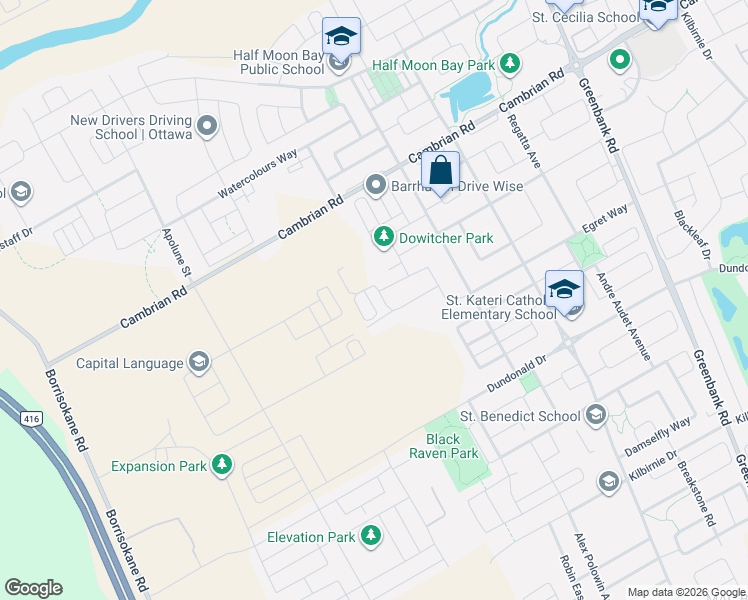 map of restaurants, bars, coffee shops, grocery stores, and more near 276 Pastel Way in Ottawa
