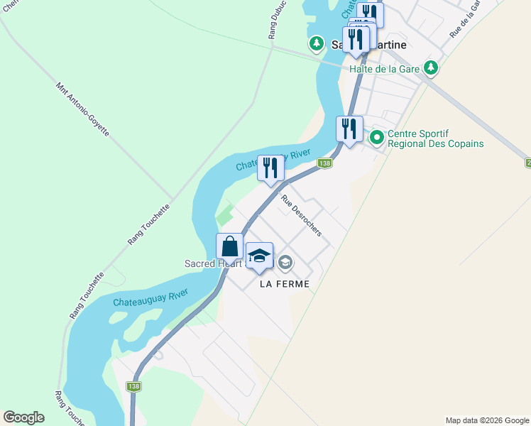 map of restaurants, bars, coffee shops, grocery stores, and more near 142 Rue Saint-Joseph in Sainte-Martine