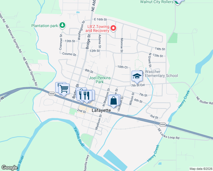 map of restaurants, bars, coffee shops, grocery stores, and more near 685 North Madison Street in Lafayette