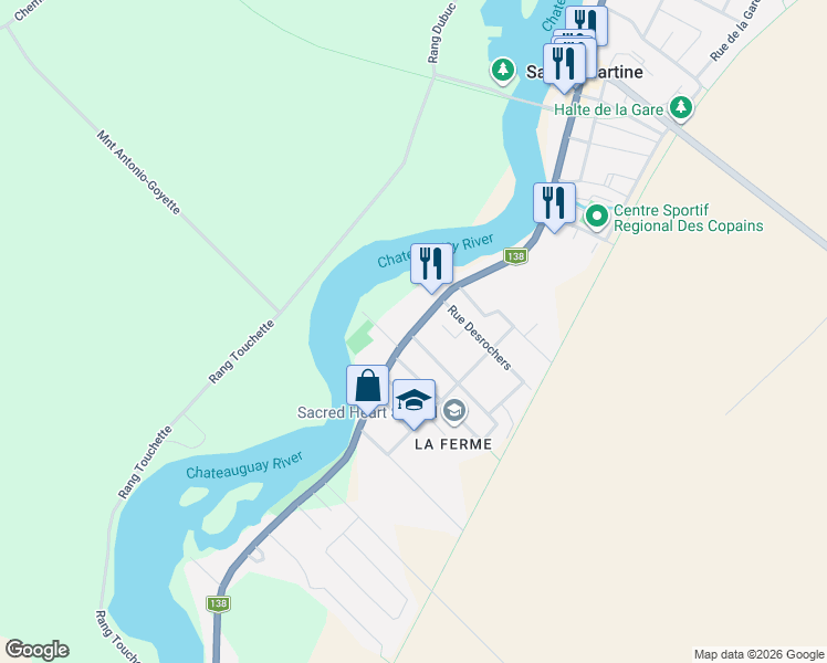 map of restaurants, bars, coffee shops, grocery stores, and more near 142 Rue Saint-Joseph in Sainte-Martine