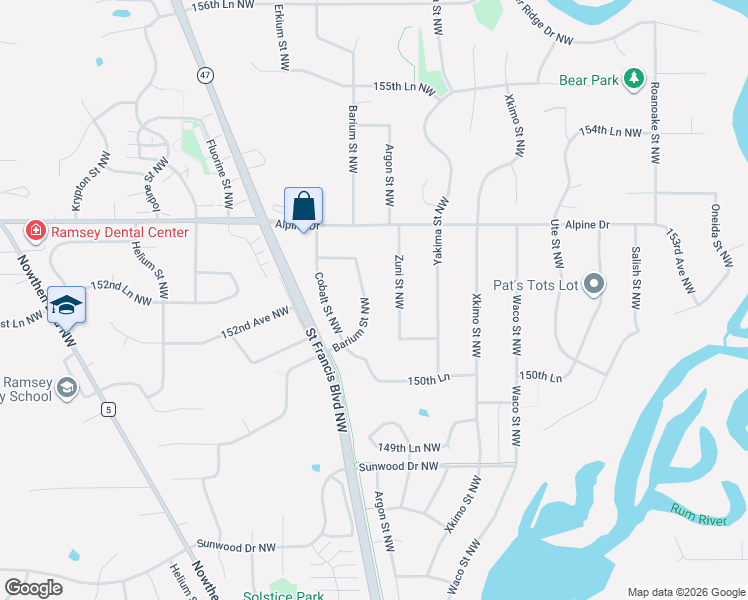 map of restaurants, bars, coffee shops, grocery stores, and more near 15181 Barium Street Northwest in Ramsey