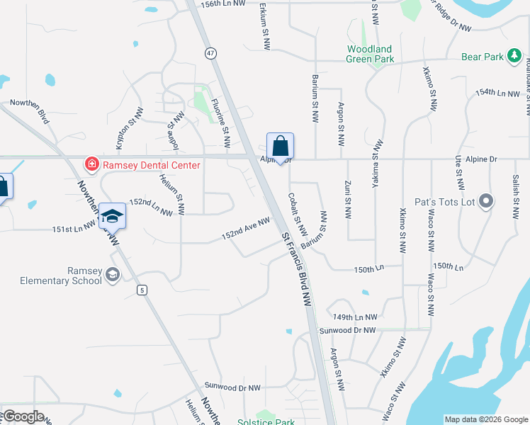 map of restaurants, bars, coffee shops, grocery stores, and more near 5425 152nd Avenue Northwest in Ramsey