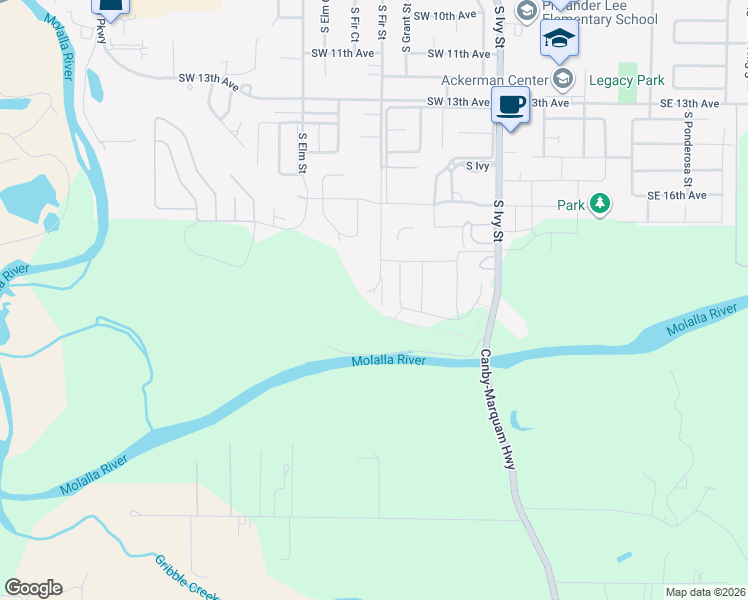 map of restaurants, bars, coffee shops, grocery stores, and more near 1893 South Fir Street in Canby