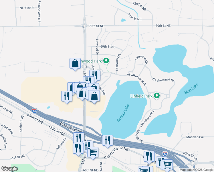 map of restaurants, bars, coffee shops, grocery stores, and more near 6593 Linwood Drive in Albertville
