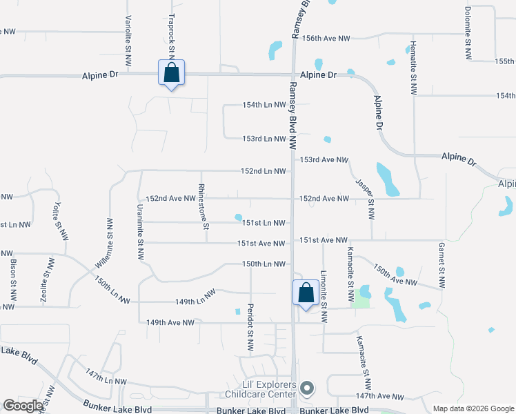 map of restaurants, bars, coffee shops, grocery stores, and more near 7231 151st Lane Northwest in Ramsey