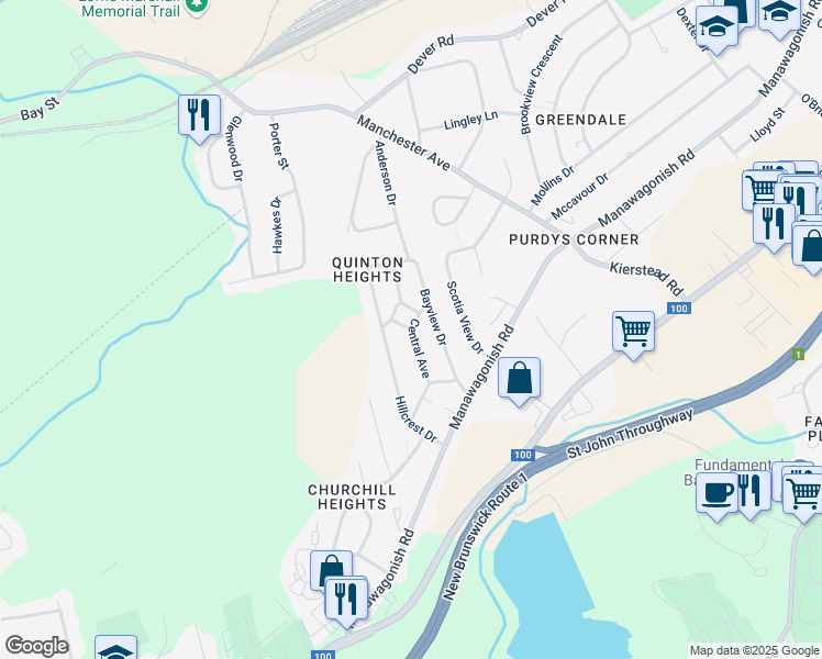 map of restaurants, bars, coffee shops, grocery stores, and more near Central Avenue in Saint John