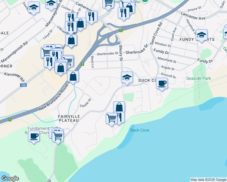 map of restaurants, bars, coffee shops, grocery stores, and more near 920 Sand Cove Road in Saint John