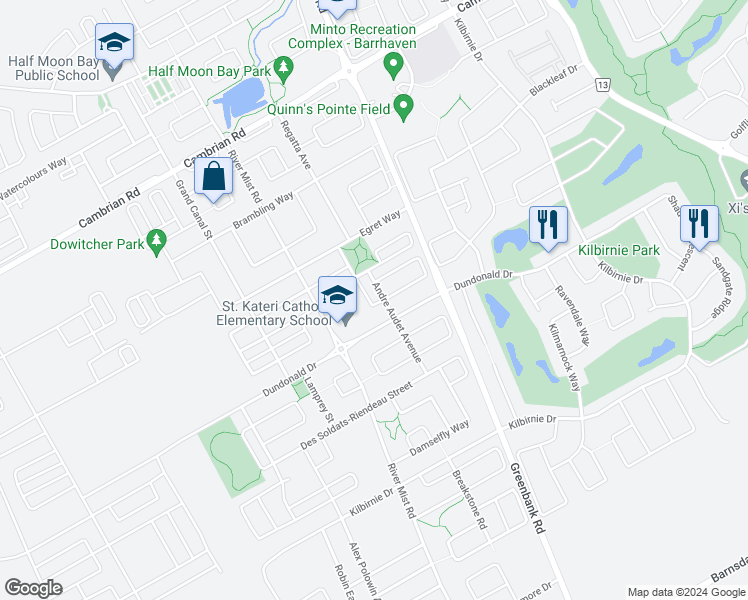 map of restaurants, bars, coffee shops, grocery stores, and more near 110 Pennant Avenue in Ottawa