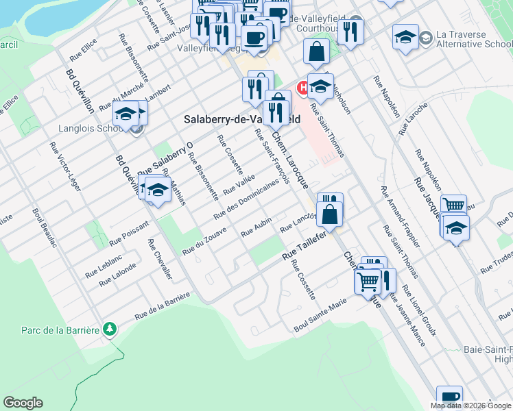 map of restaurants, bars, coffee shops, grocery stores, and more near 184 Rue Cossette in Salaberry-de-Valleyfield