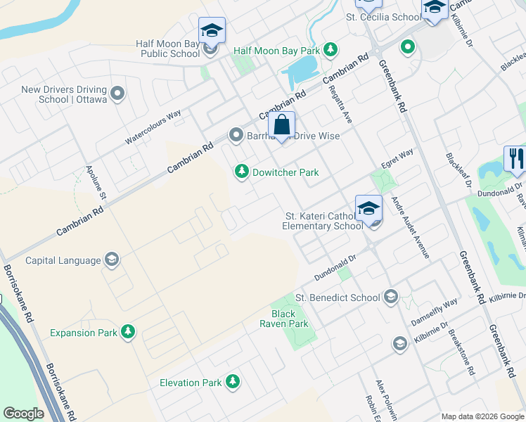 map of restaurants, bars, coffee shops, grocery stores, and more near 553 Jackdaw Avenue in Ottawa