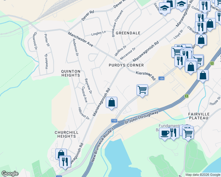 map of restaurants, bars, coffee shops, grocery stores, and more near 1165 Manawagonish Road in Saint John