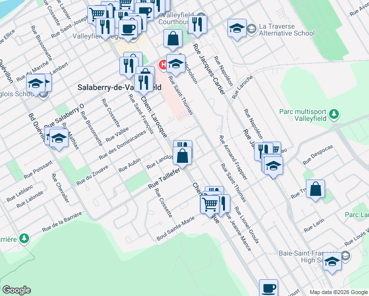 map of restaurants, bars, coffee shops, grocery stores, and more near 307 Chemin Larocque in Salaberry-de-Valleyfield