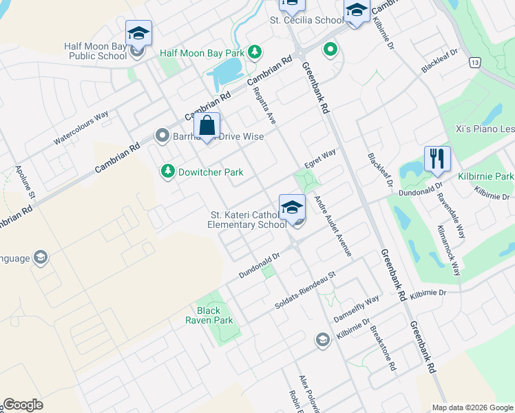 map of restaurants, bars, coffee shops, grocery stores, and more near 314 Song Sparrow Street in Ottawa
