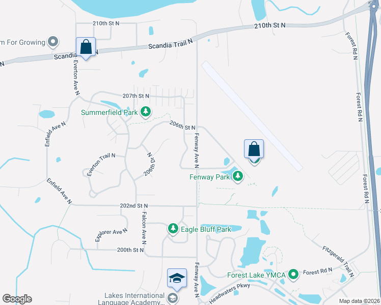 map of restaurants, bars, coffee shops, grocery stores, and more near 20353 Fenston Avenue North in Forest Lake
