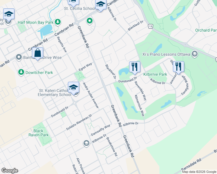 map of restaurants, bars, coffee shops, grocery stores, and more near 200 Kinloch Court in Ottawa