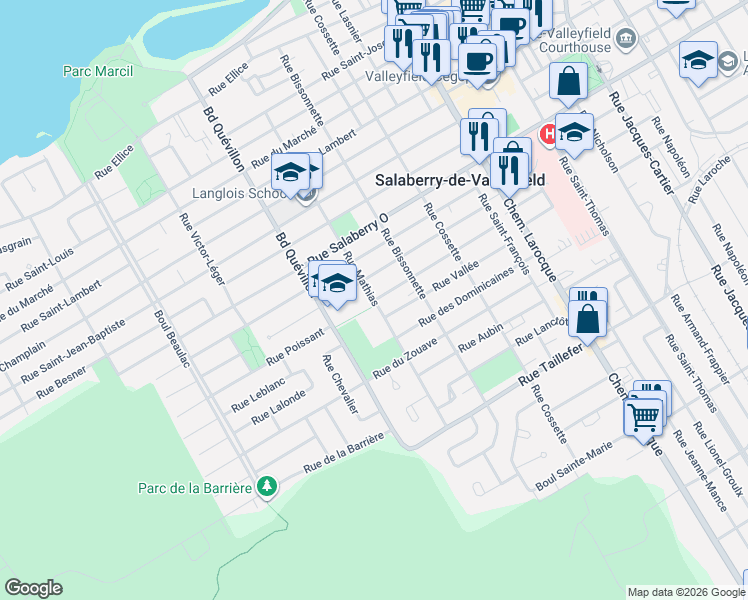 map of restaurants, bars, coffee shops, grocery stores, and more near Rue Poissant in Salaberry-de-Valleyfield