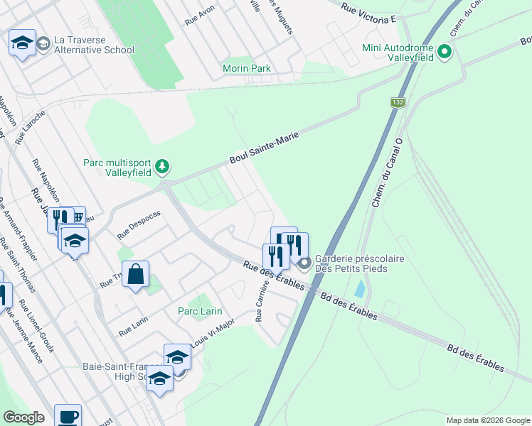 map of restaurants, bars, coffee shops, grocery stores, and more near 33 Avenue des Pins in Salaberry-de-Valleyfield
