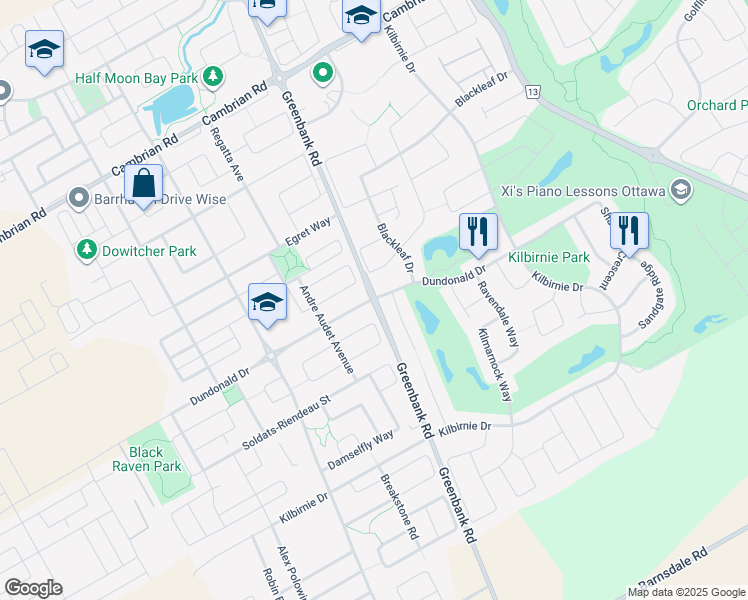 map of restaurants, bars, coffee shops, grocery stores, and more near Greenbank Road & Dundonald Drive in Ottawa
