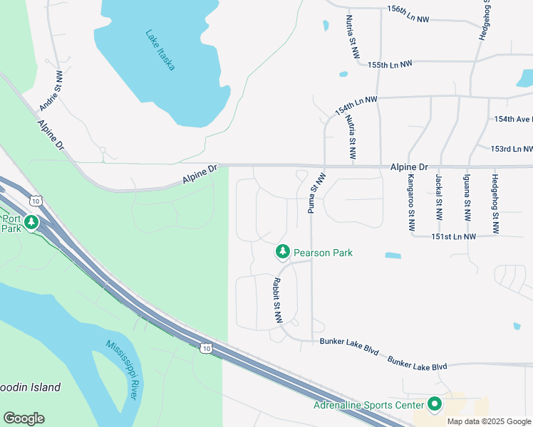 map of restaurants, bars, coffee shops, grocery stores, and more near 15084 Puma Street Northwest in Ramsey