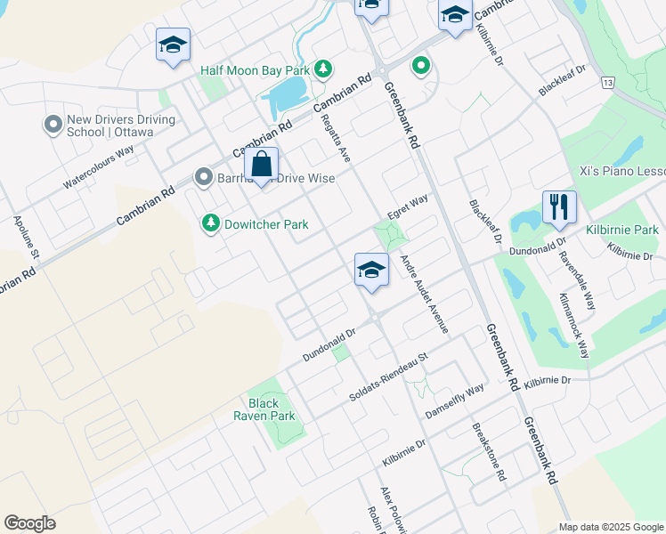 map of restaurants, bars, coffee shops, grocery stores, and more near 308 Song Sparrow Street in Ottawa