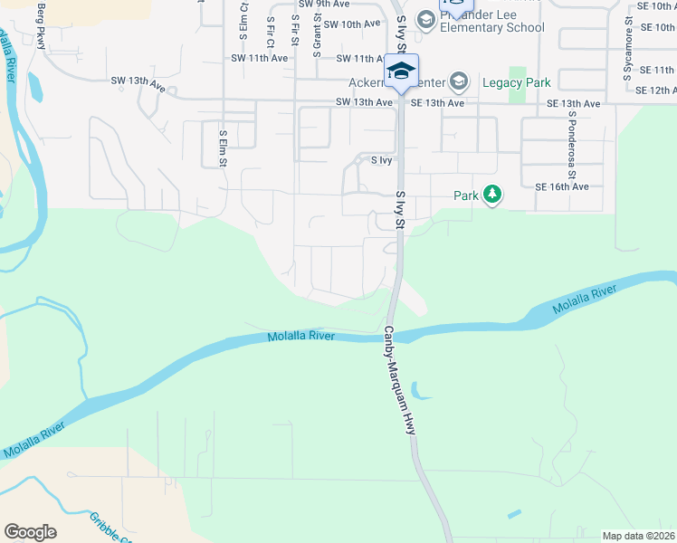 map of restaurants, bars, coffee shops, grocery stores, and more near 1910 South Grant Street in Canby