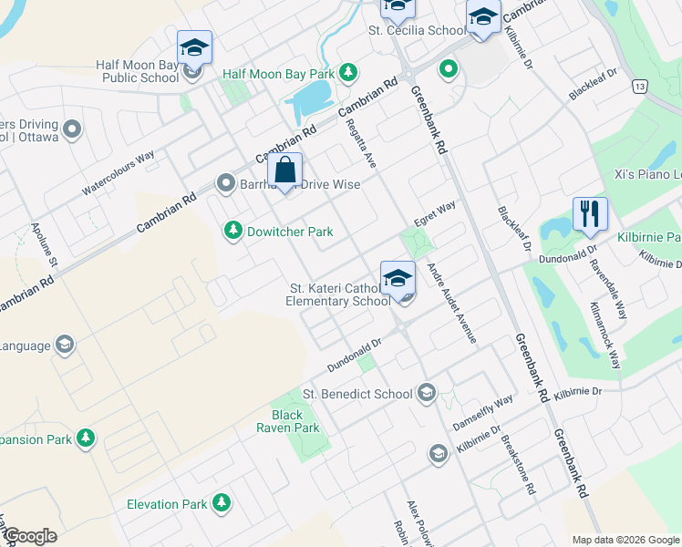 map of restaurants, bars, coffee shops, grocery stores, and more near 607 Egret Way in Ottawa