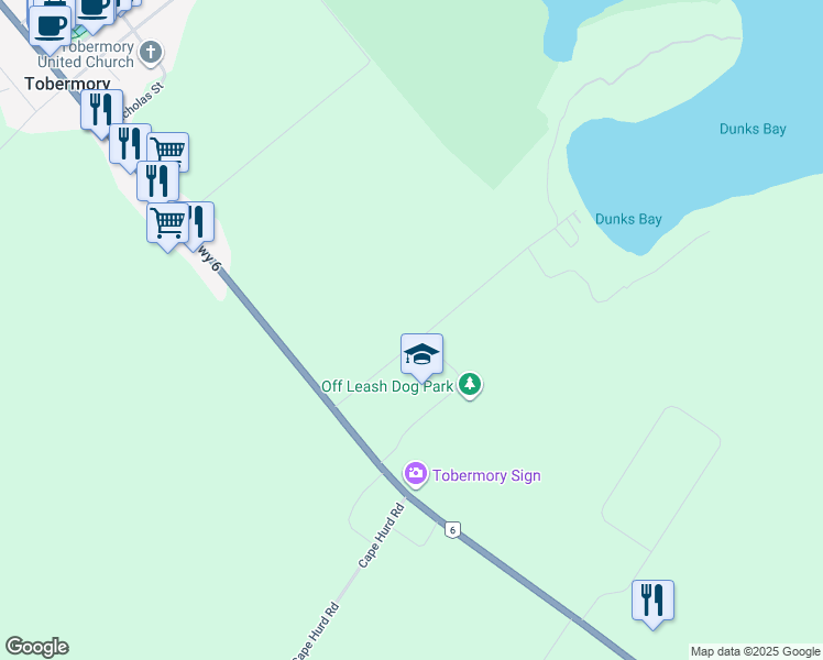 map of restaurants, bars, coffee shops, grocery stores, and more near 33 Dunks Bay Road in Tobermory