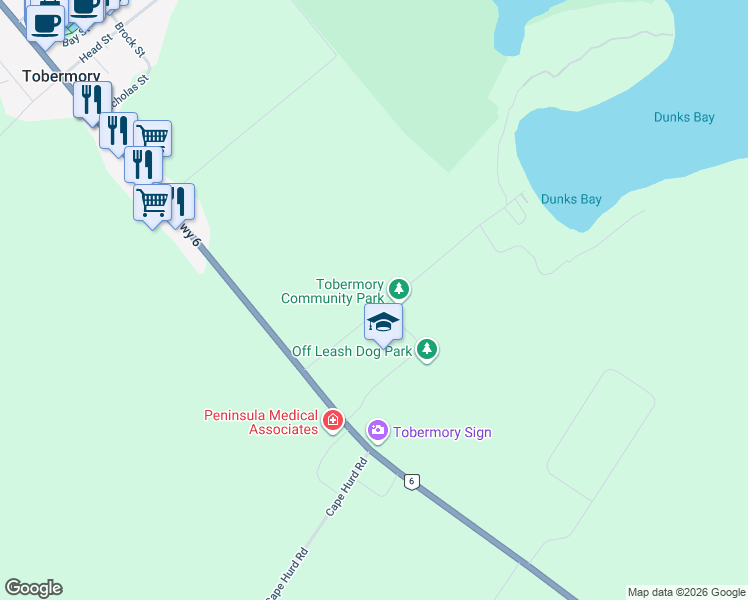 map of restaurants, bars, coffee shops, grocery stores, and more near 33 Dunks Bay Road in Tobermory
