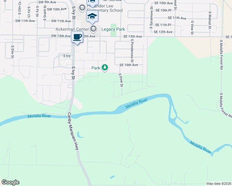 map of restaurants, bars, coffee shops, grocery stores, and more near 1832 South Pepperwood Street in Canby