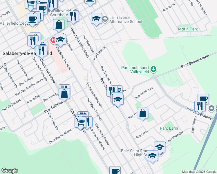 map of restaurants, bars, coffee shops, grocery stores, and more near 247 Rue Jacques-Cartier in Salaberry-de-Valleyfield