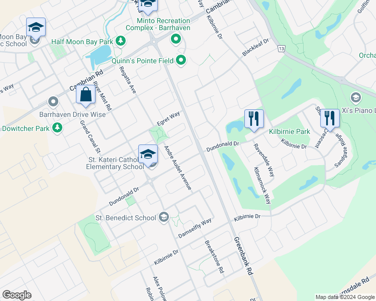 map of restaurants, bars, coffee shops, grocery stores, and more near 421 Meadowhawk Crescent in Ottawa