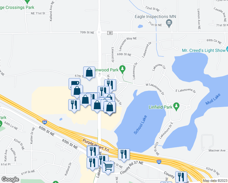 map of restaurants, bars, coffee shops, grocery stores, and more near 6646 Linwood Drive in Albertville