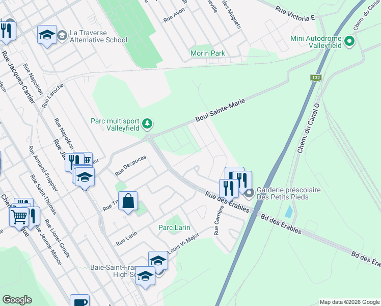 map of restaurants, bars, coffee shops, grocery stores, and more near Rue Trudeau in Salaberry-de-Valleyfield