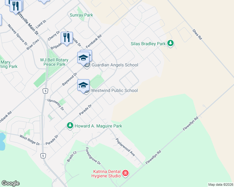 map of restaurants, bars, coffee shops, grocery stores, and more near 694 Parade Drive in Ottawa