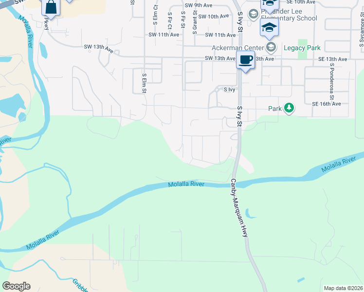 map of restaurants, bars, coffee shops, grocery stores, and more near 1893 South Fir Street in Canby