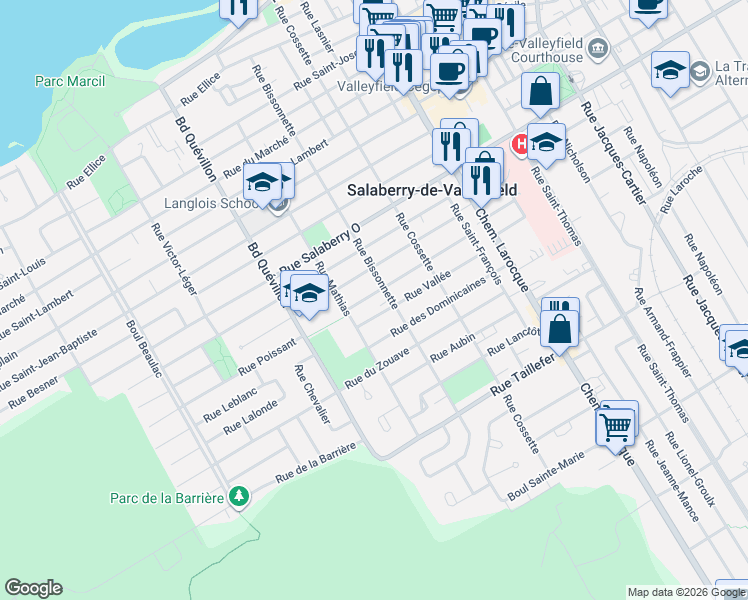 map of restaurants, bars, coffee shops, grocery stores, and more near Rue Poissant in Salaberry-de-Valleyfield