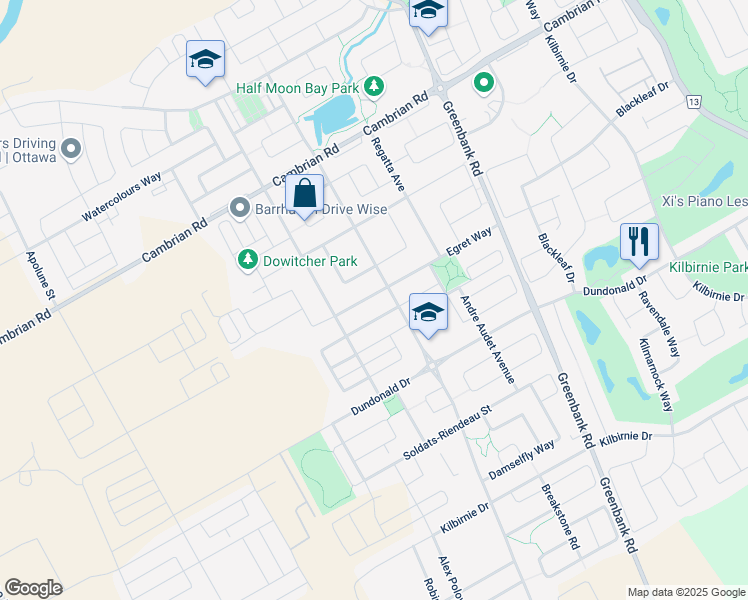 map of restaurants, bars, coffee shops, grocery stores, and more near 597 Egret Way in Ottawa