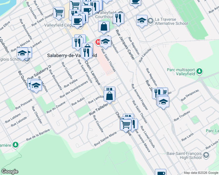 map of restaurants, bars, coffee shops, grocery stores, and more near 303 Chemin Larocque in Salaberry-de-Valleyfield