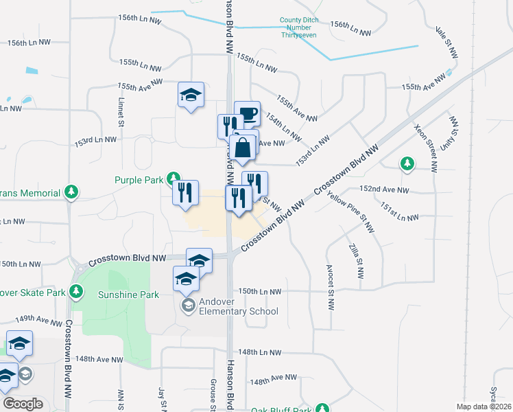 map of restaurants, bars, coffee shops, grocery stores, and more near 15232 Bluebird Street Northwest in Andover