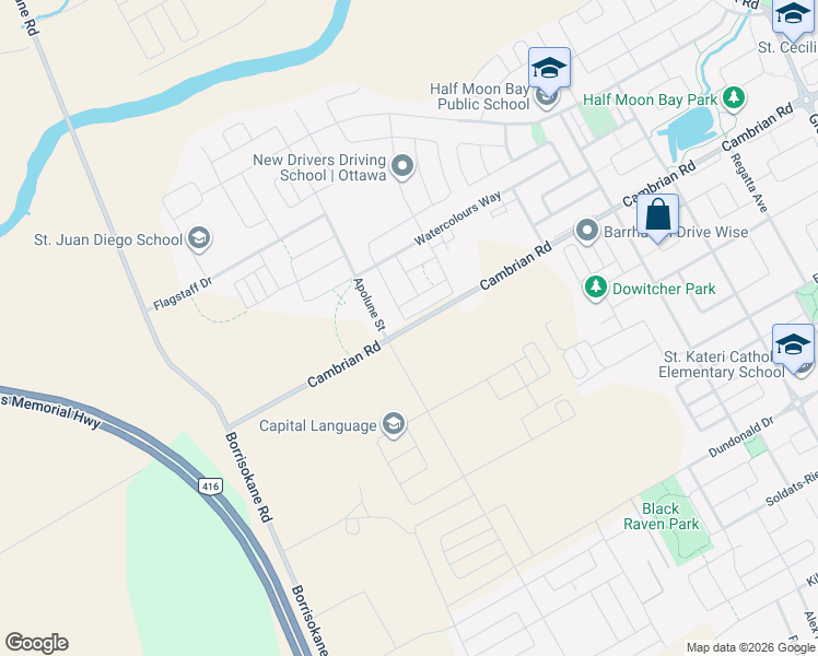map of restaurants, bars, coffee shops, grocery stores, and more near 3675 Cambrian Road in Ottawa